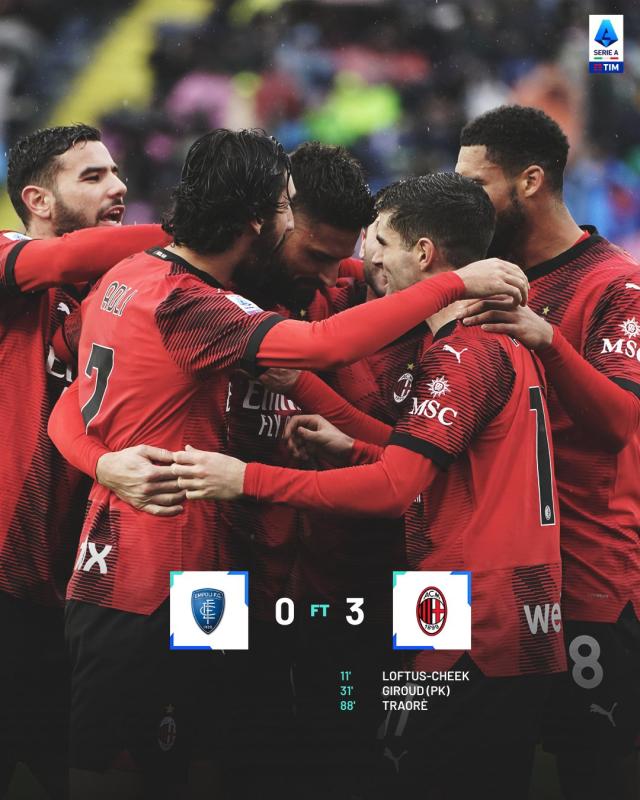 开云入口-【意甲】查卡·特拉奥雷意甲首球，AC米兰3-0恩波利